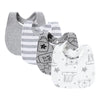 A pack of four soft cotton baby bibs featuring various cute cartoon prints and striped patterns.