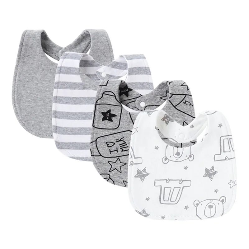 A pack of four soft cotton baby bibs featuring various cute cartoon prints and striped patterns.
