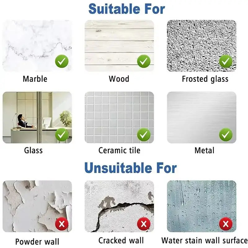 A guide showing suitable and unsuitable surfaces for heavy-duty self-adhesive hook and loop tape.