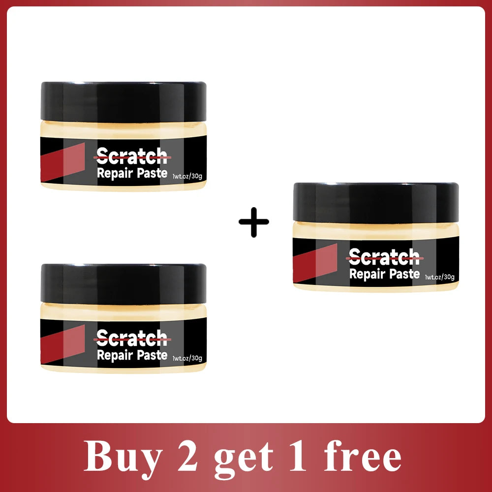 Two jars of Scratch Repair Paste product shown with a plus sign indicating a buy two get one free offer.
