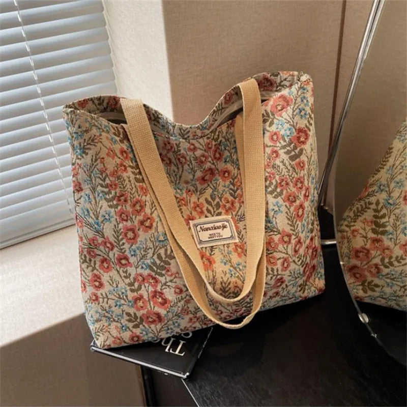 Floral Embroidery Canvas Tote Bag