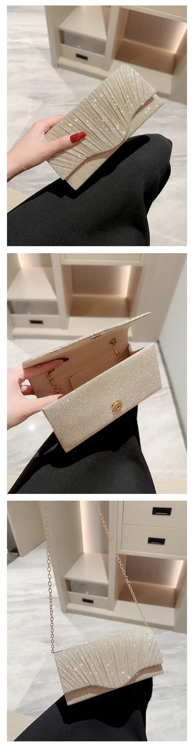 Glitter Envelope Clutch with Chain Strap