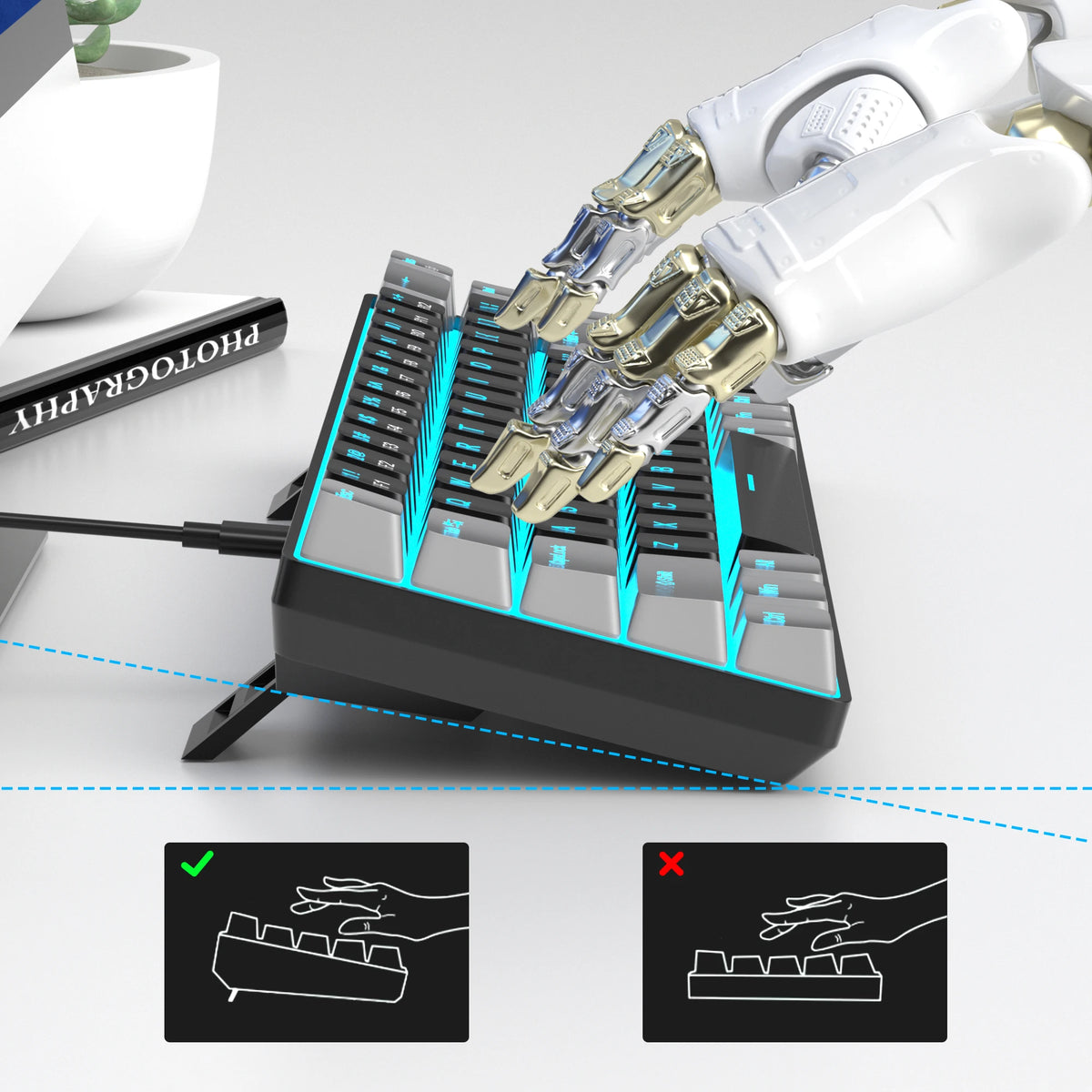 A white robotic arm is shown assembling or interacting with a black compact mechanical gaming keyboard.