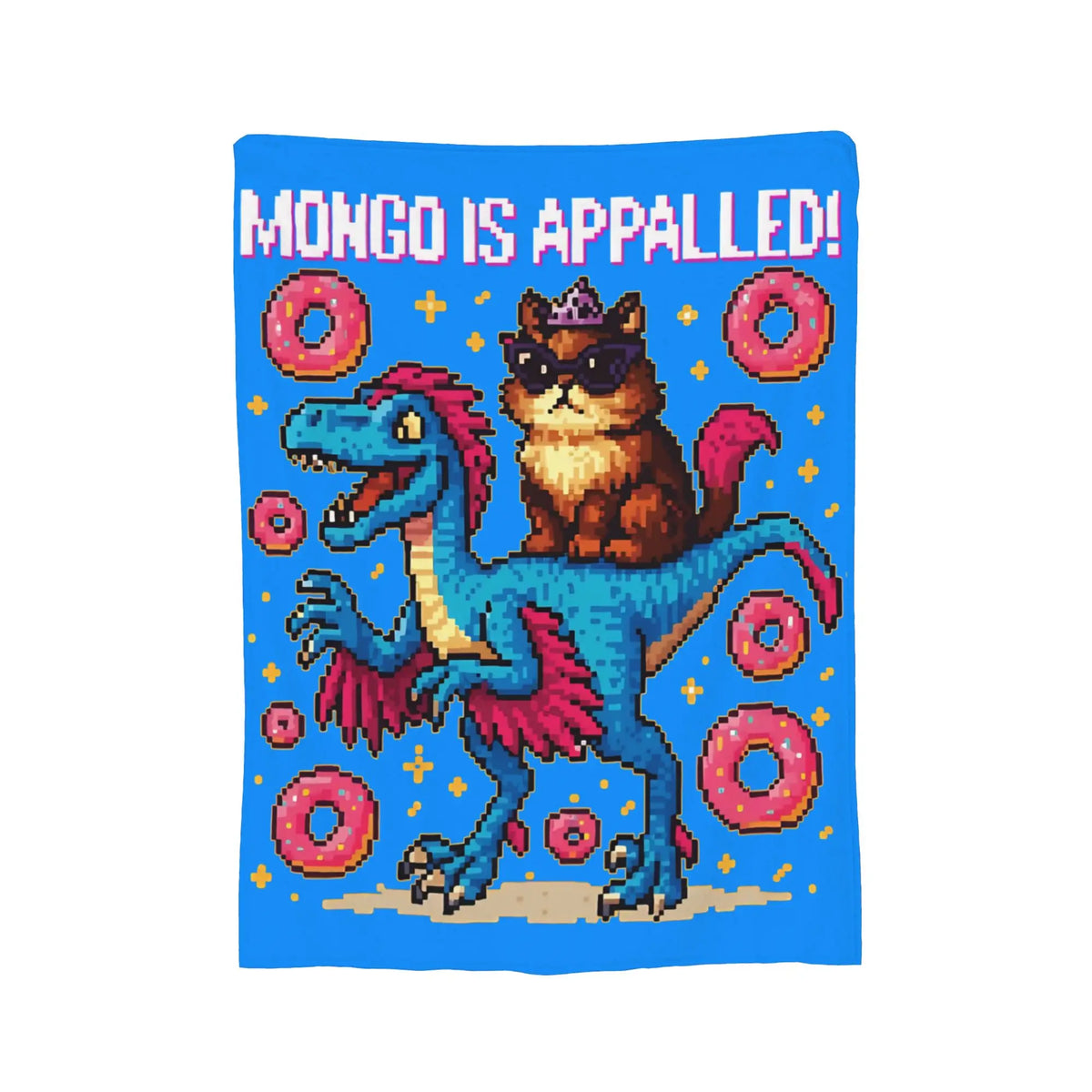 A blue knitted plush throw blanket featuring a colorful illustration of a dragon with a crown and text that reads MONGO IS AP