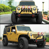 A yellow Jeep Wrangler with a black front bumper and LED work light bar pair parked on an asphalt road.