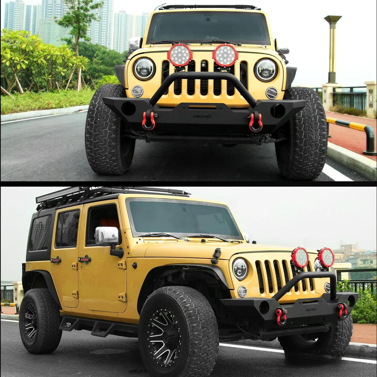 A yellow Jeep Wrangler with a black front bumper and LED work light bar pair parked on an asphalt road.