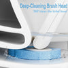 A deep-cleaning brush head is shown cleaning a toilet bowl with water, demonstrating its 360-degree cleaning capability.