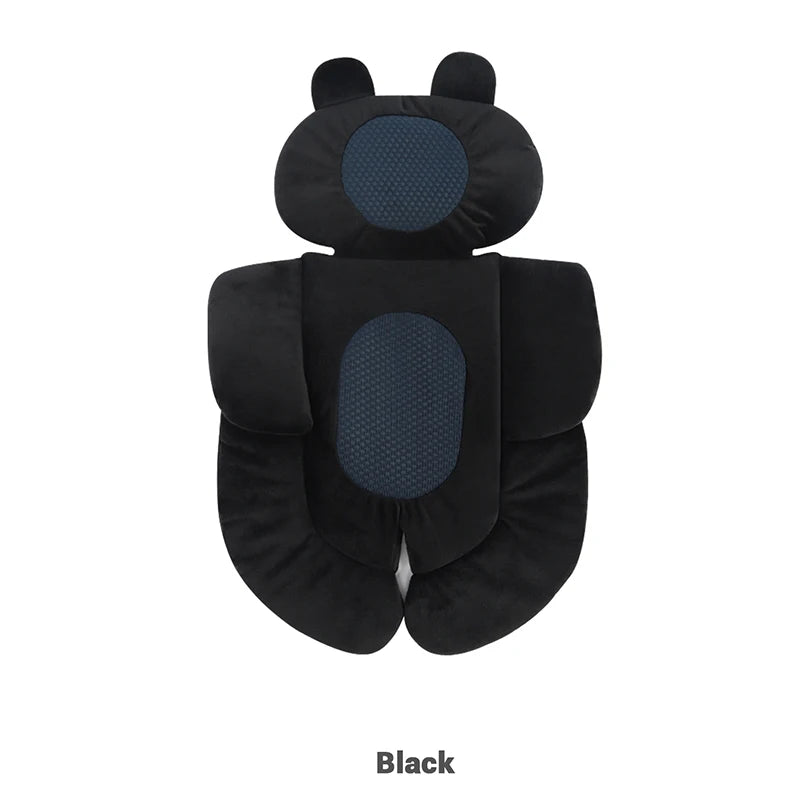 A black universal cozy stroller seat cushion with rounded ears and a central padded area.