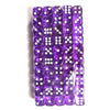 A set of 100 transparent purple acrylic D6 dice for role-playing games and board games.