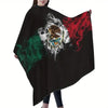 A dark fabric cape featuring the flag of Mexico with flames and a coat of arms.