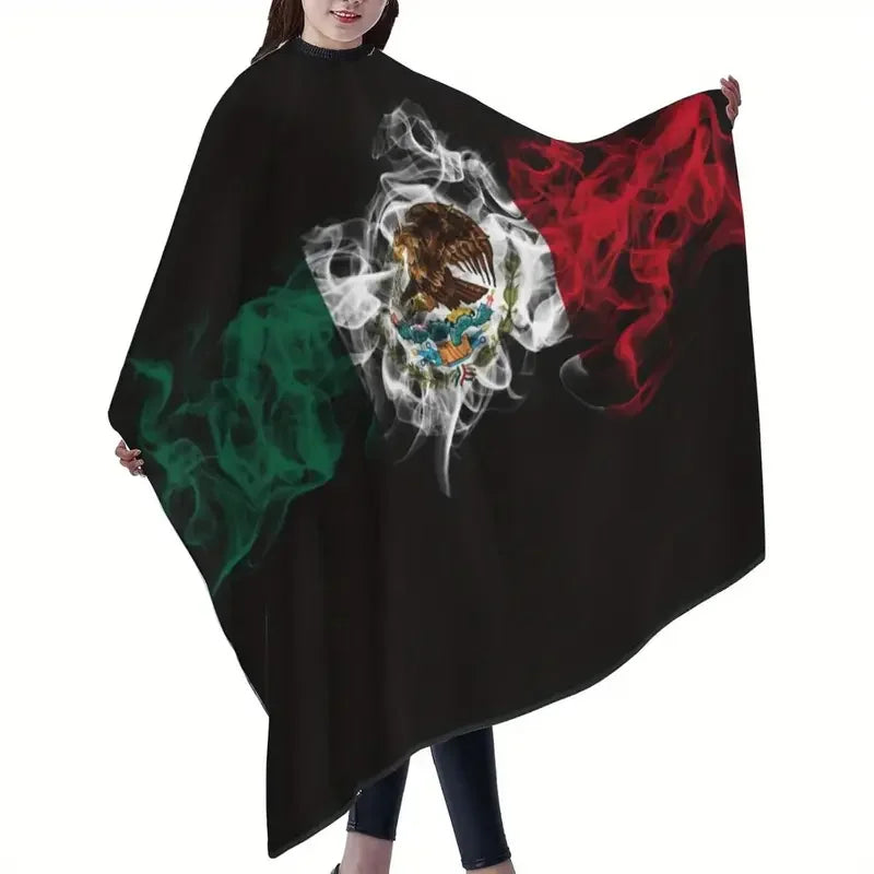 A dark fabric cape featuring the flag of Mexico with flames and a coat of arms.