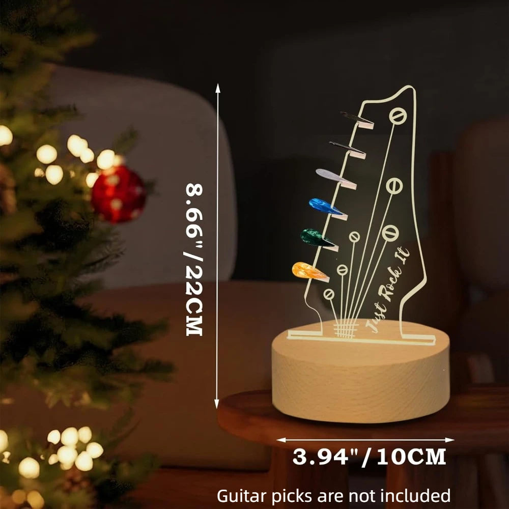 Illuminated acrylic guitar pick holder with a wooden base showing various guitar picks.