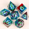 A set of liquid core resin dice featuring a dragon eye design in various colors and angles.