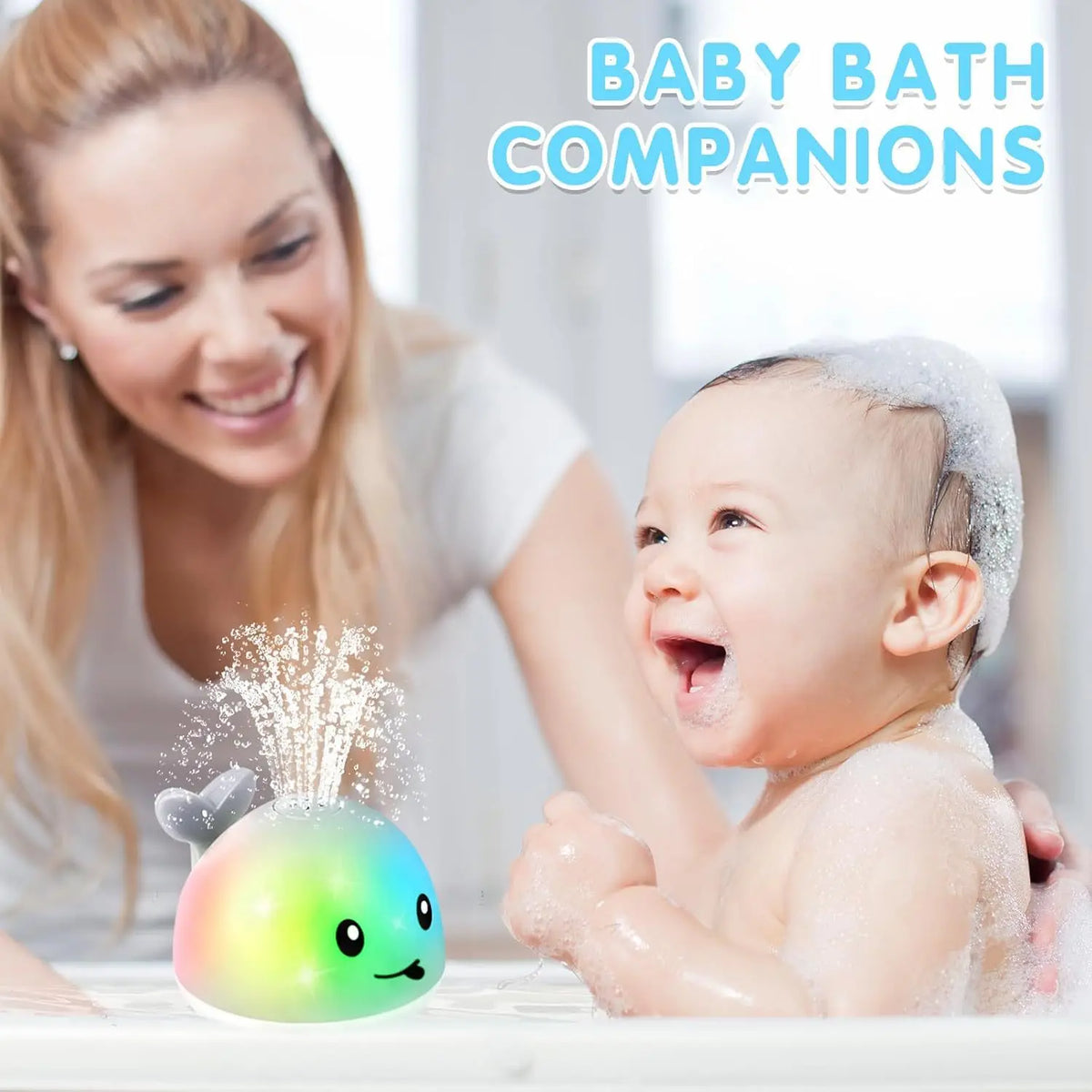 A baby bath companion light-up whale toy sprays water for a baby bath.
