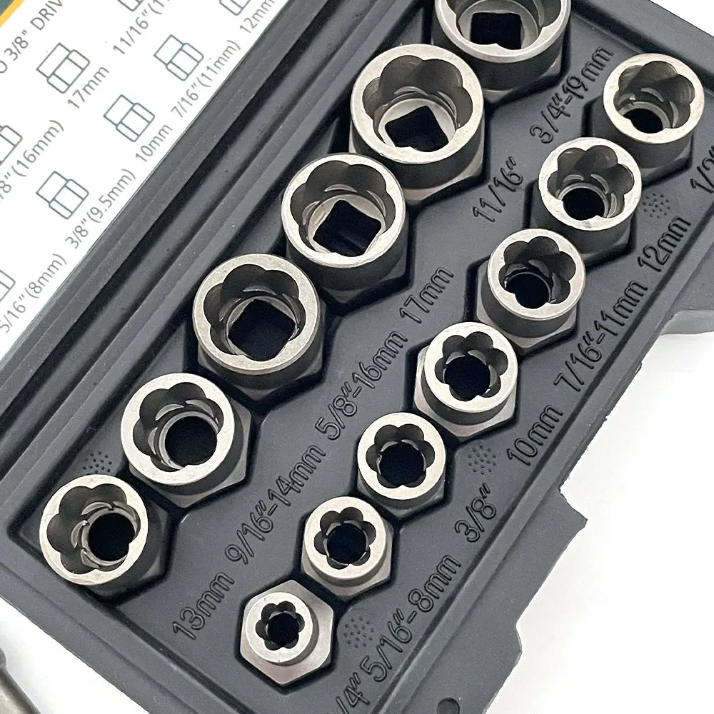 A close-up view of a set of 14 impact bolt and nut extractors with various sizes displayed in a storage case.