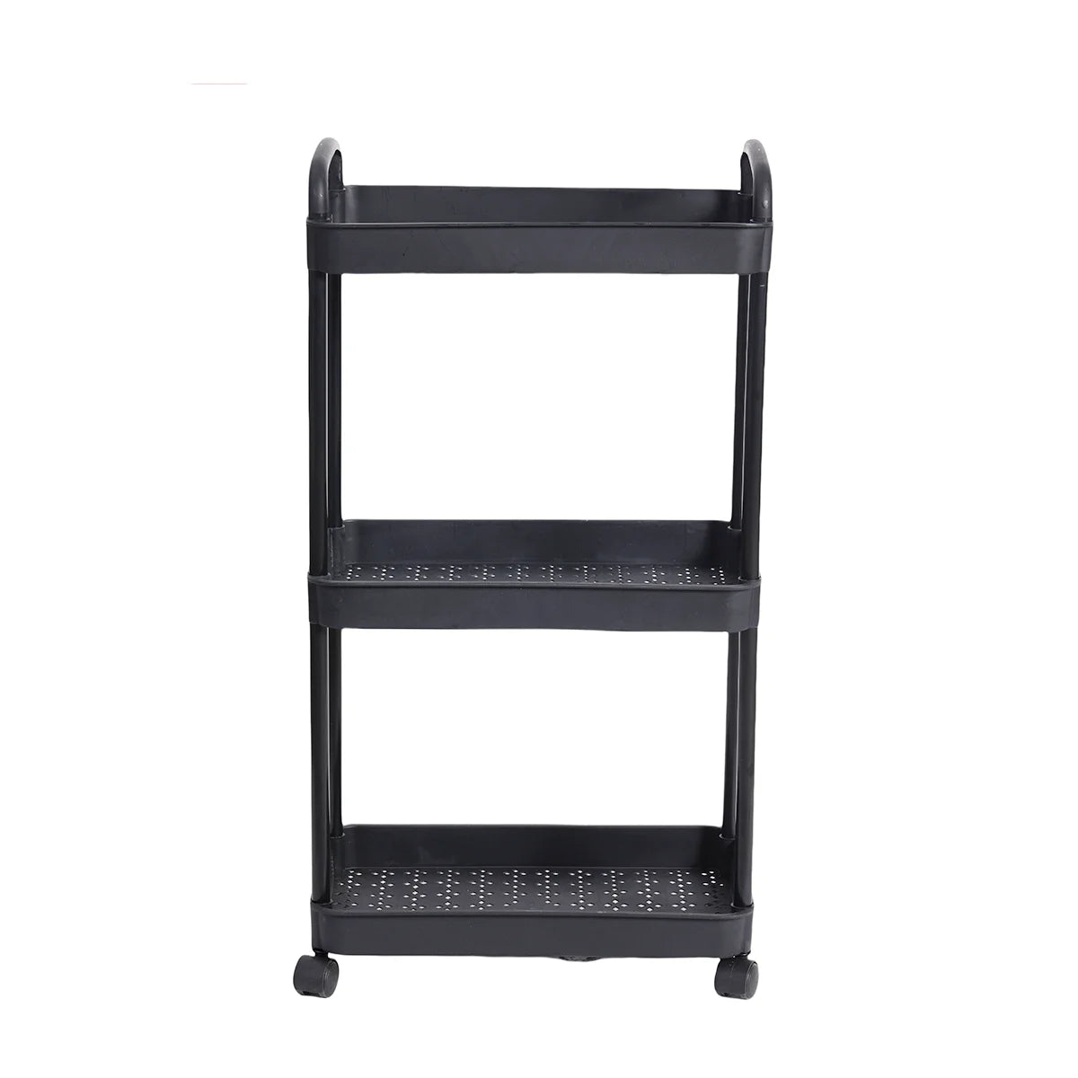 Black 3-tier plastic utility cart with lockable wheels.