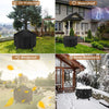 A black all-weather waterproof fire pit cover shown in various contexts including UV protection, windproof use, and snow resi