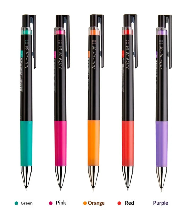 Ein Set von fünf Pilot Juice Up Gelstiften in grünen, rosa, orangefarbenen, roten und lila Farben.