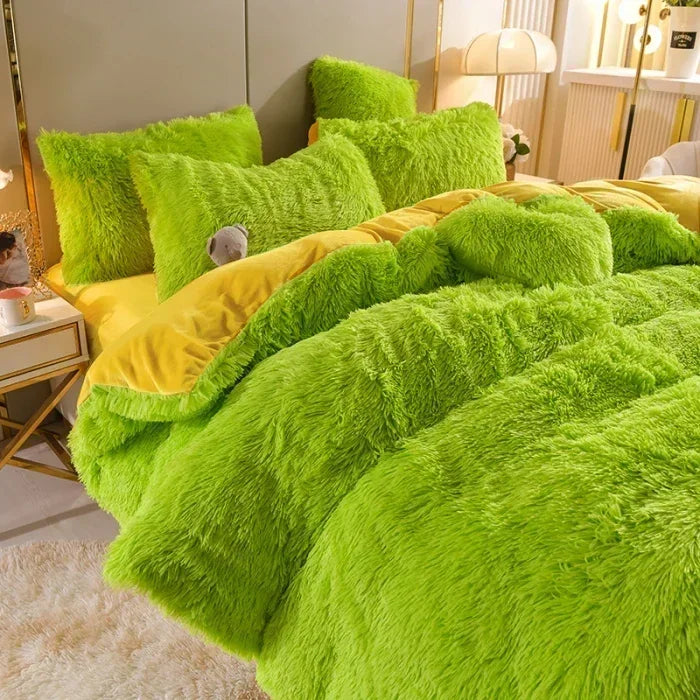 A bright lime green plush mink velvet duvet cover set with matching sheets and pillows.