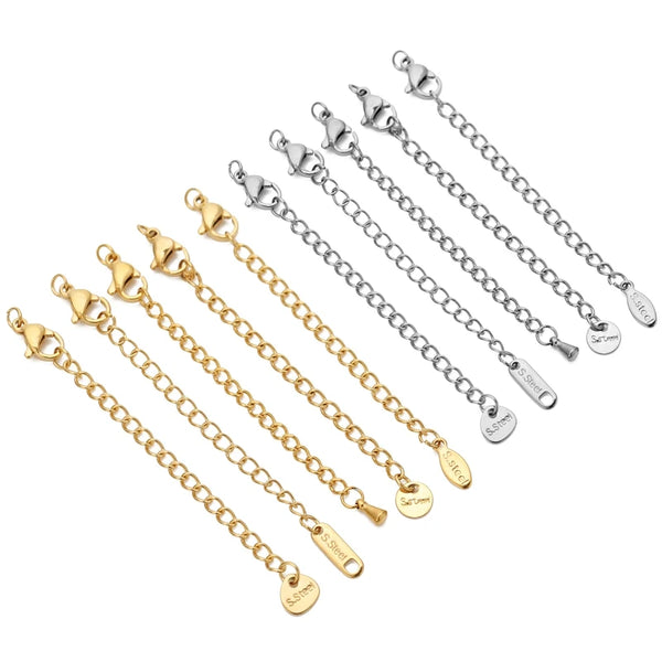 A collection of ten stainless steel extension chains with lobster clasps for jewelry making.