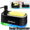 Black soap dispenser with a sponge holder and dispensing nozzle, shown in various angles.