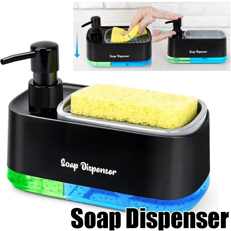 Black soap dispenser with a sponge holder and dispensing nozzle, shown in various angles.