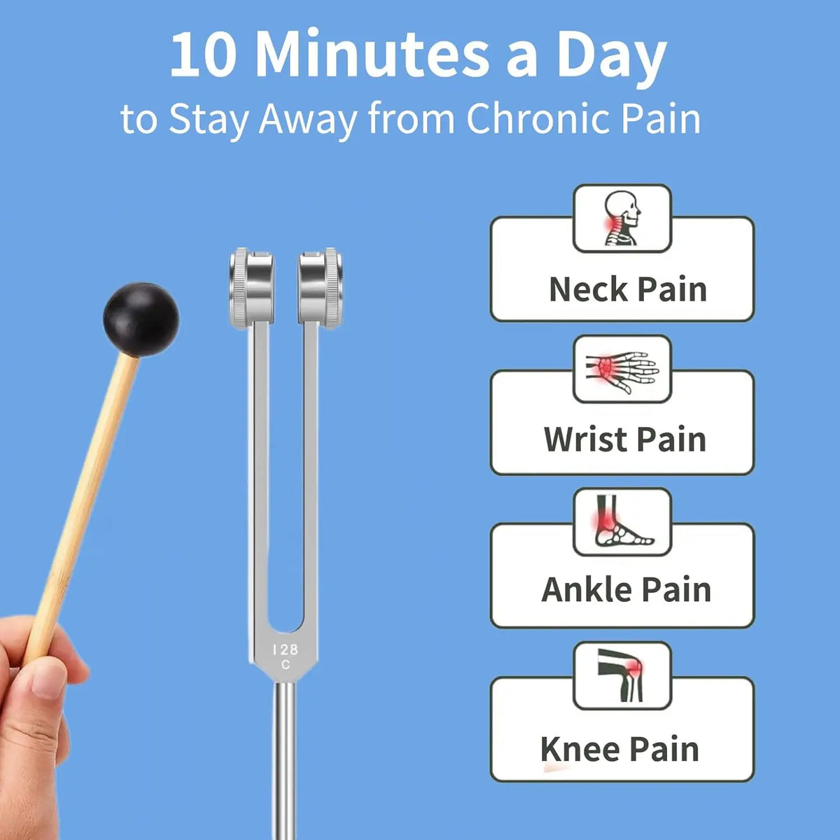 A set of tuning forks is shown next to a wooden mallet, illustrating tools for chronic pain relief.