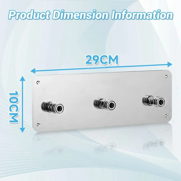 Silver wall-mounted storage rack for pressure washer accessories with quick connect holders, measuring 29cm long and 10cm hig