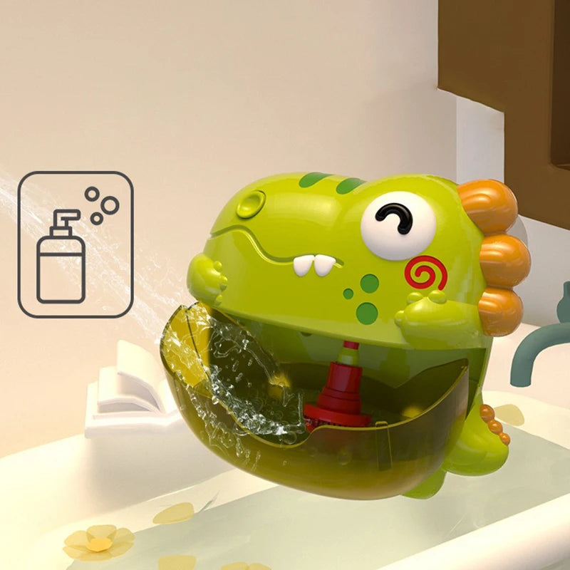 A green dinosaur-shaped bubble machine with orange accents is shown in a bathroom setting.