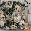 A shower curtain featuring a bold black and white design of various skull skeletons surrounded by floral and foliage patterns