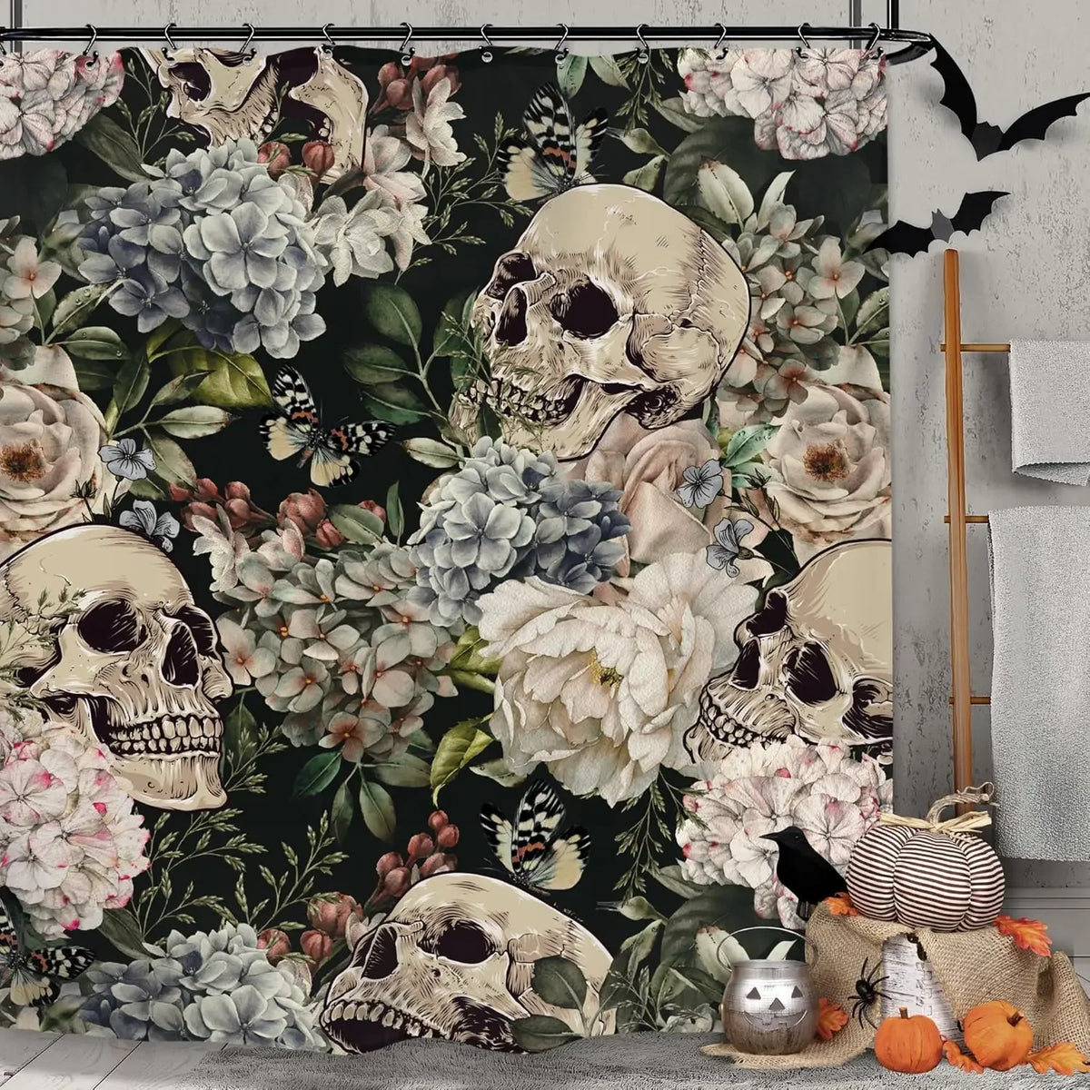 A shower curtain featuring a bold black and white design of various skull skeletons surrounded by floral and foliage patterns