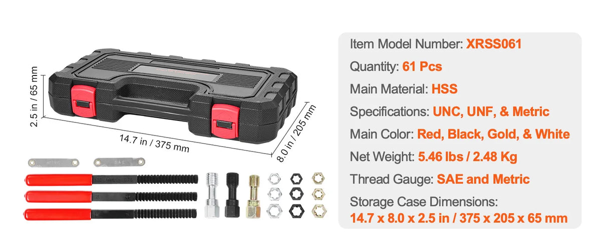 A black professional thread repair kit with 61 pieces of tools, including various dies and gauges.