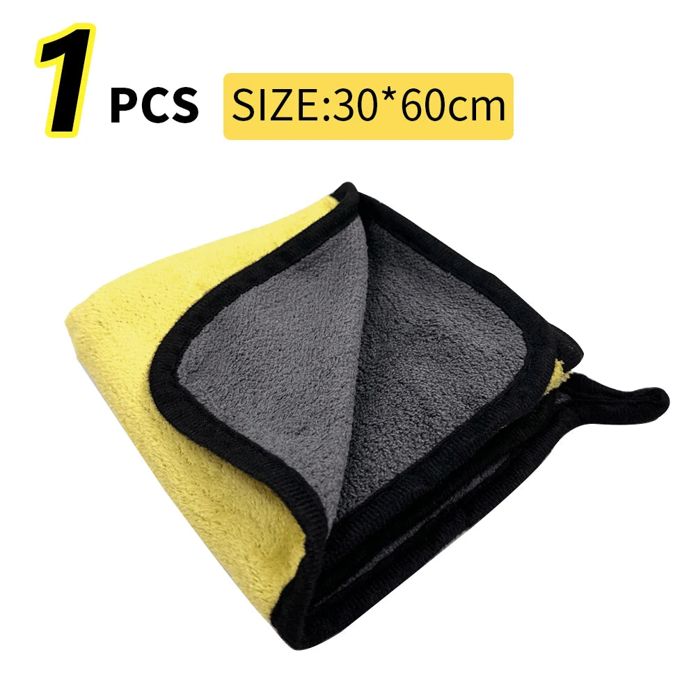 One pack of three microfiber cleaning towels in yellow, gray, and black.