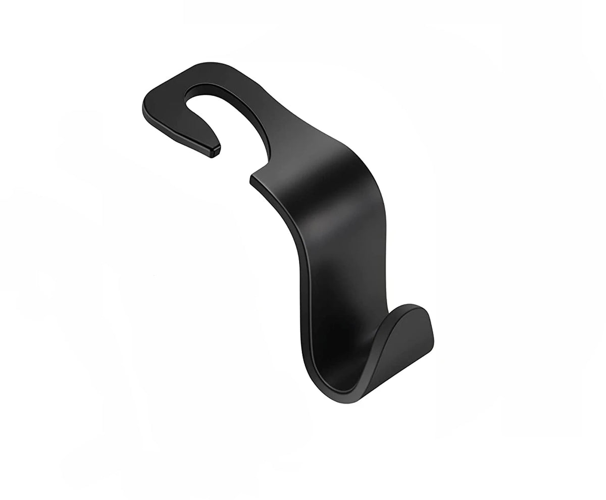 A black car seat headrest hook is shown, designed for organizing bags and belongings.