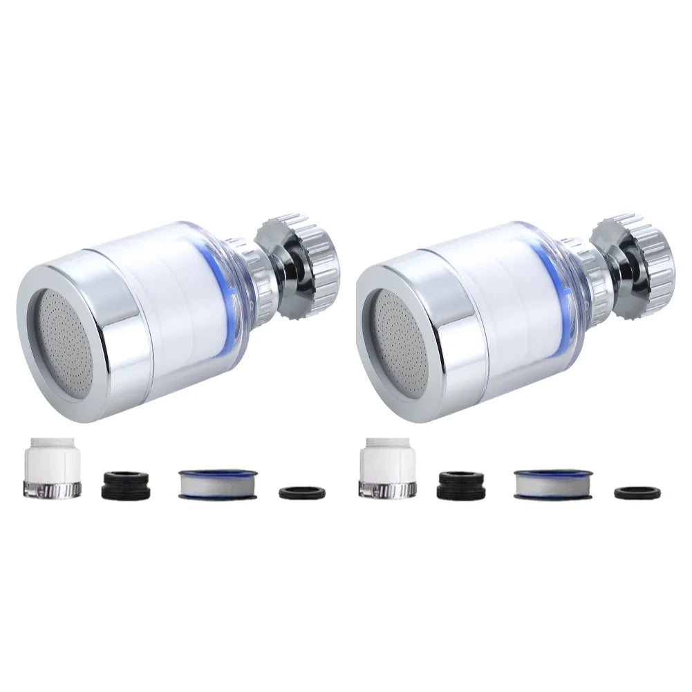 Silver faucet water filter purifier with a rotating splash head and various filter components