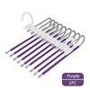 A purple 9-layer non-slip stainless steel pants hanger with multiple hooks.