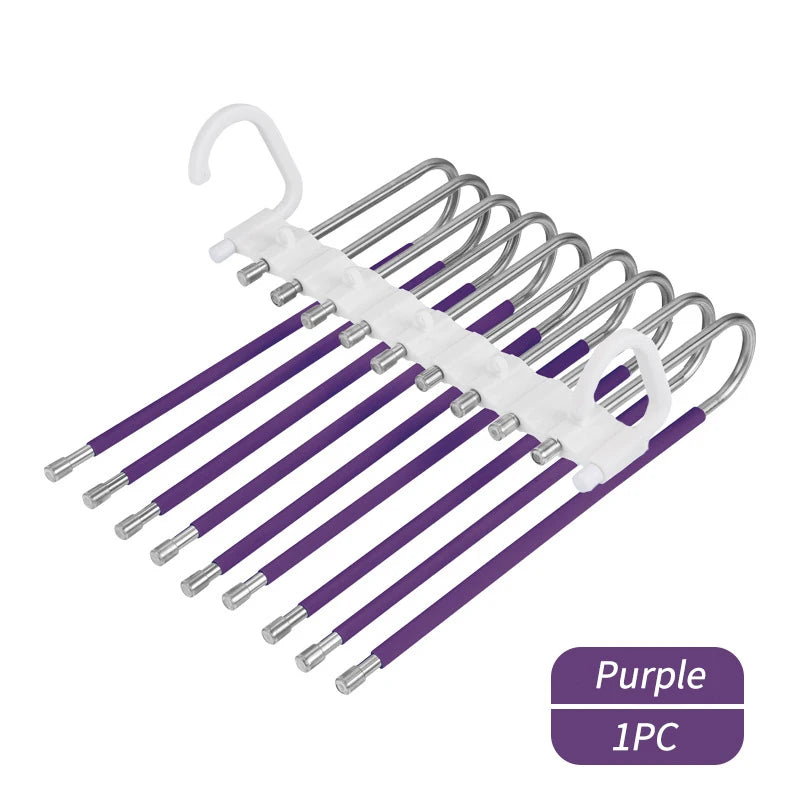 A purple 9-layer non-slip stainless steel pants hanger with multiple hooks.