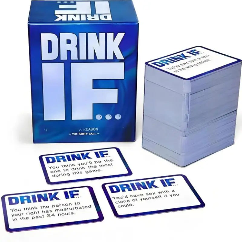 A box of Drink IF adult drinking game cards featuring text and graphics for parties.