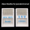 A set of 20 stainless steel sewing machine needles for jeans and universal use, packaged in two compartments.