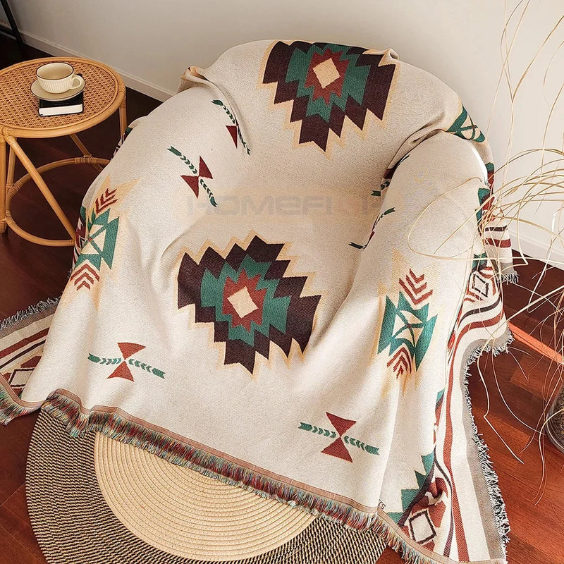 Oversized Aztec Boho Throw Blanket with Fringe