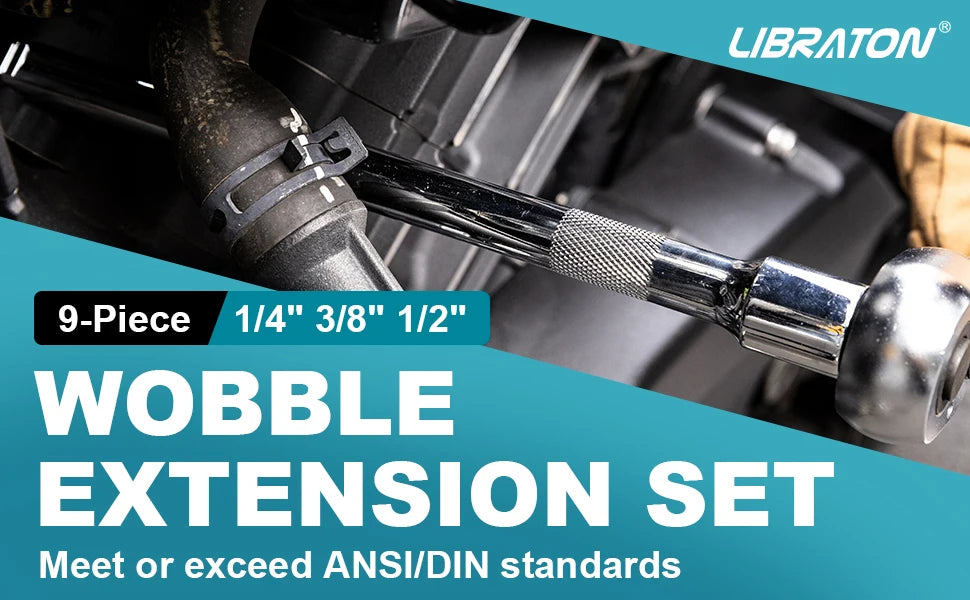 A close-up of a silver wobble extension set with a threaded end and a black storage tray.