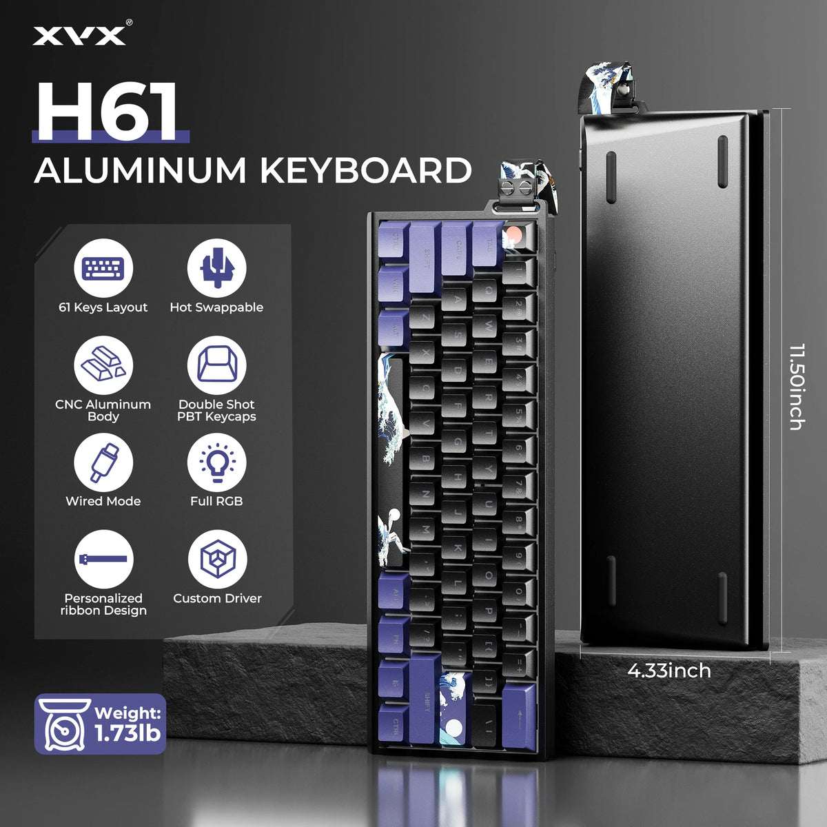 A black aluminum mechanical keyboard with purple keycaps and a custom ribbon design displayed next to the product box.