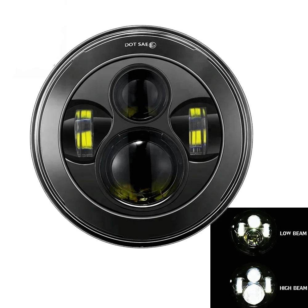 Black motorcycle headlight assembly featuring multiple LED beams including low beam and high beam options