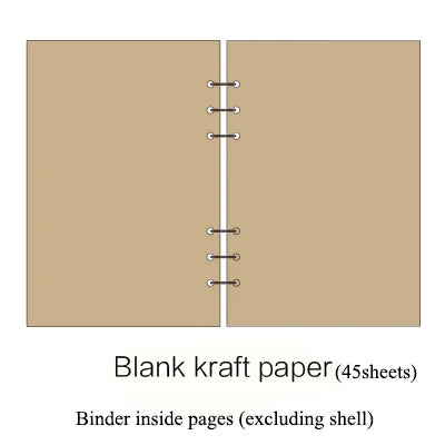 Blank kraft paper booklet showing the inside pages bound with metal rings.