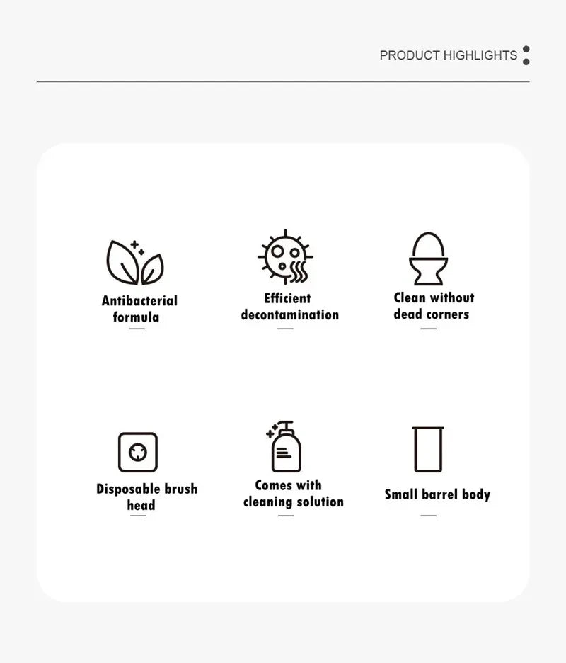 Highlights of a disposable toilet brush set including antibacterial formula, efficient decontamination, and cleaning solution