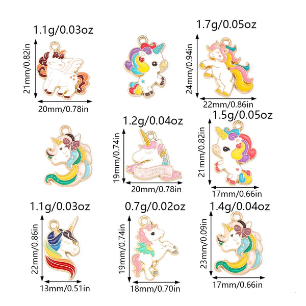 A collection of enamel rainbow horse charms in various sizes and weights for DIY jewelry making.