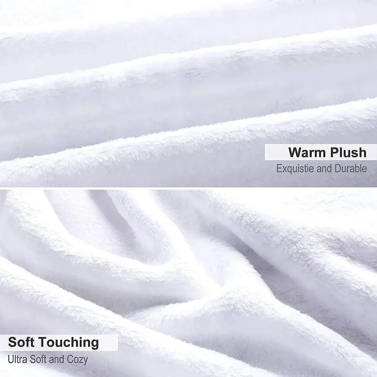 Close-up of a white plush fleece throw blanket showing soft texture and folds.