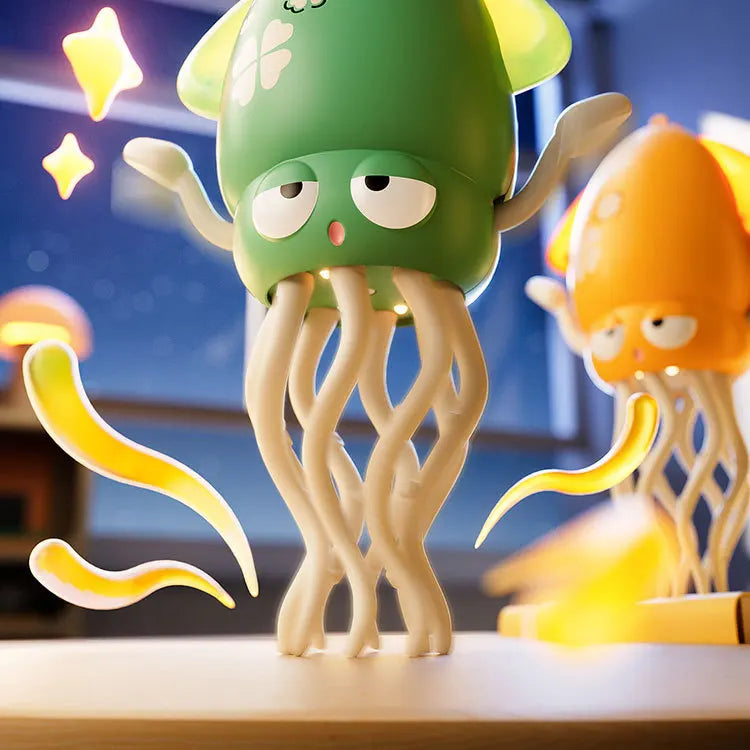 A green octopus toy with large eyes and tentacles is shown on a wooden surface.
