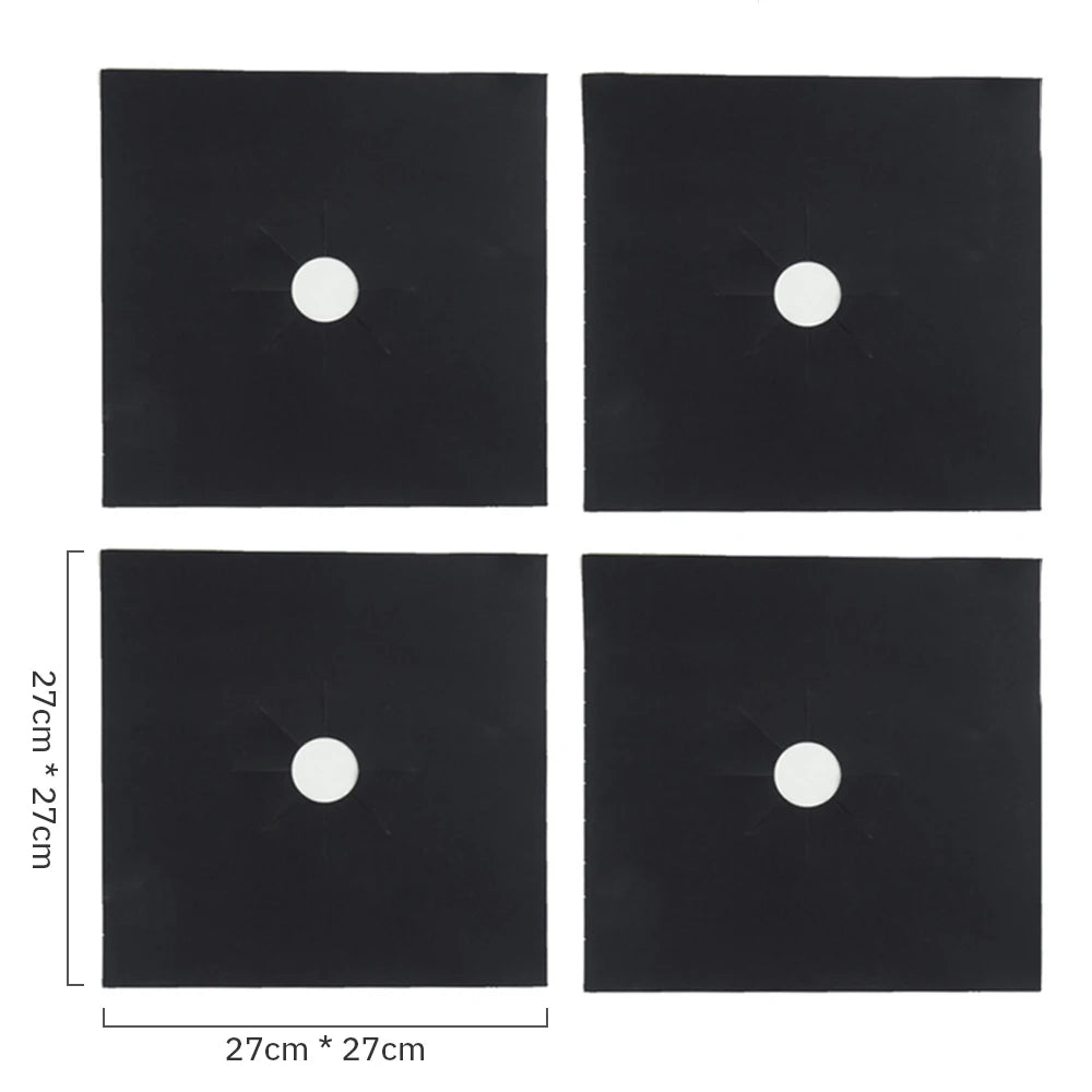 Black reusable non-stick gas stove protector mats, square in size with a circular hole.