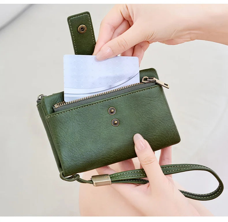 Vintage RFID-Blocking Triple-Fold Wallet with Double Zipper